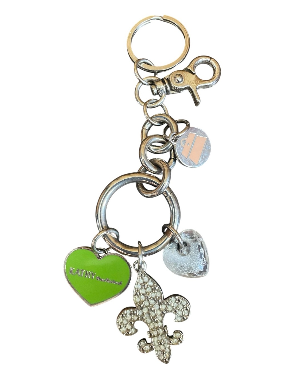 Kathy Van Zeeland Silver Tone Key Chain Green Heart & Fleur-de-Lis Purse Charms